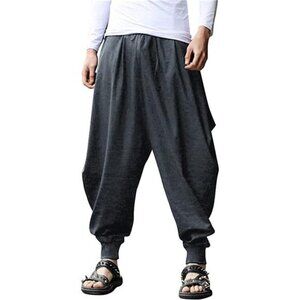 Men Hippie Harem Pants Baggy Linen Boho Yoga Casual Drop Crotch Trouser